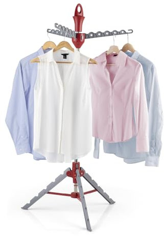 EASYmaxx Wäscheständer Vario für Hemden | Zusammenklappbare Wäschespinne für Bügel | Höhenverstellbar | Wäschetrockner, Kleiderständer mit Kleiderhaken für Bügelwäsche [grau/rot]