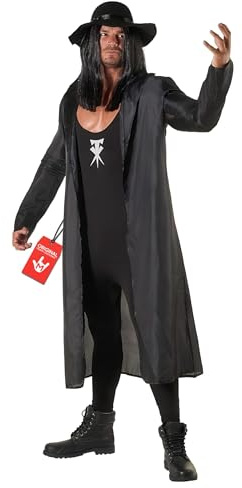 Morph The Undertaker Kostym Herrar Komplett WWE Brottningsdräkt med Svart Bodysuit, Lång Mantel & Karakteristisk Hatt, XL