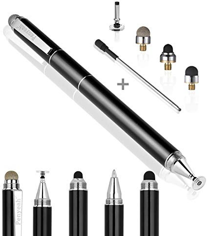 Penyeah 4 in 1 Disc Stylus Pen for Touch Screens, High Precision and Sensitivity Universal Capacitive Stylus, Stylist for Tablets, iPhone, iPad, Laptops with 4 Replacement Tips - Black