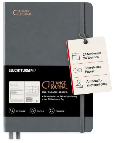LEUCHTTURM1917 360442 Change Journal Medium (A5), Anthrazit, Deutsch | 24 Wochen geführtes Journaling, undatierte Vorlagen, 100 g/m² Papier, 294 Seiten, säurefrei, Hardcover