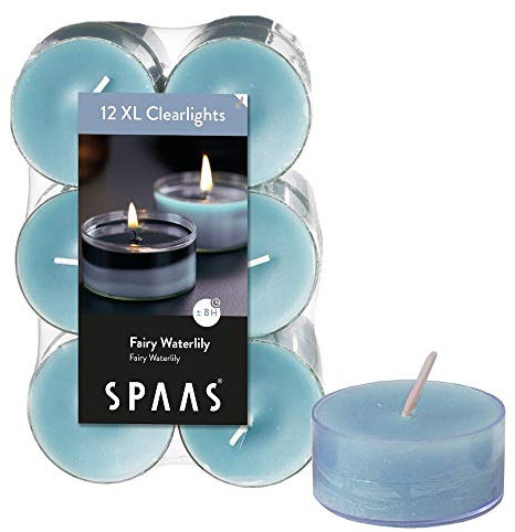 Spaas 12 Maxi Duftenden Clearlights, Teelichter mit durchsichtigem Halter, ± 8 Stunden - Fairy Waterlily, Grau-blau