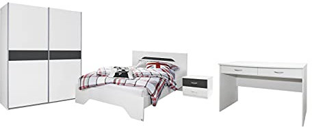 Rauch Möbel Noosa, 4-teiliges Schlafzimmer-Set, Komplettschlafzimmer bestehend aus Drehtürenschrank, Bett, Nachttisch und Schreibtisch, Farbe Alpinweiß/Grau metallic, 0x0x0cm