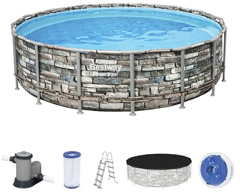 Bestway Power Steel™ Frame Pool, 488 x 122 cm, Komplett-Set mit Filterpumpe, rund, Stein-Optik