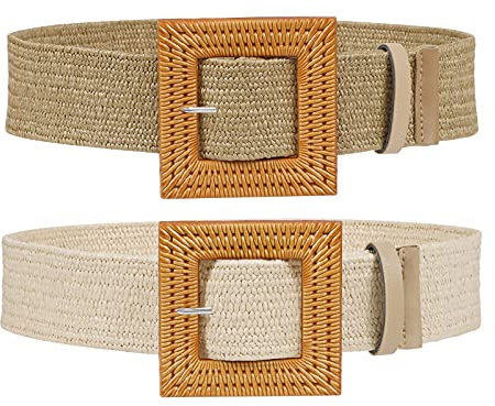 2 delar halmvävd elastisk stretch midjebälte kvinnor smal klänning bälte damer boho halmflätad klänning bälte spänne midja klänning band