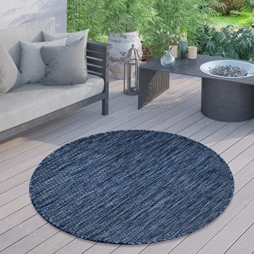 Paco Home Outdoor Teppich für Terrasse Balkon & Garten Flachgewebe Sisaloptik Modern Einfarbig Meliert Wetterfest Pflegeleicht, Grösse:120 cm Rund, Farbe:Blau