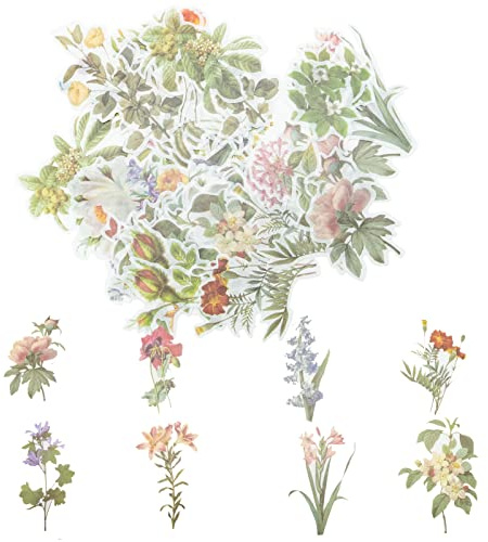 60 unidades de pegatinas de flores de plantas para scrapbooking, pegatinas decorativas para manualidades, colección de pegatinas para álbumes de recortes, arte, manualidades (flores florales).