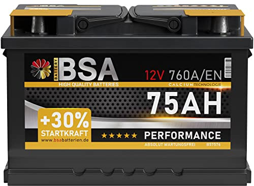 BSA Autobatterie 75Ah 12V 760A/EN +30% Startleistung Starterbatterie Batterie ersetzt 74Ah 70Ah 72Ah 77Ah, für PKW