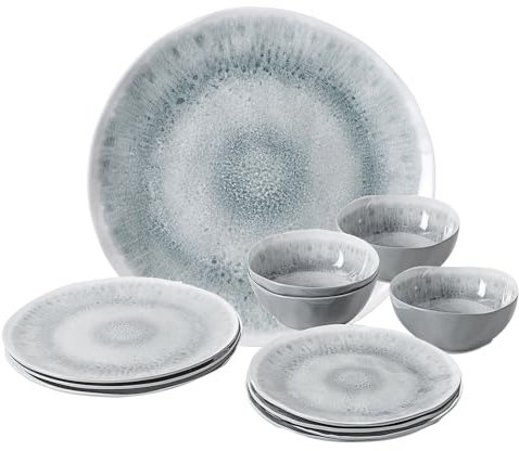 BRUNNER Camping-Geschirr-Set Melamin 2-4 Personen | 12-Teilig - Teller & Schüsseln | Midday Pearl - Für Wohnmobil, Wohnwagen & Boot - Bruchfest, Leicht & Anti-Slip