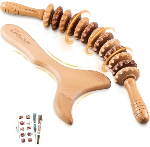 2-en-1 Bois Outils de Massage Thérapeutique Set ou Drainage Lymphatique Kits de Rouleaux de Massage pour la relaxation musculaire, le modelage du corps, Gua Sha, l'anti-cellulite, Hêtre