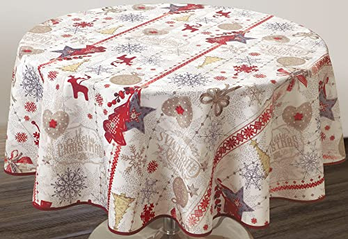 Le linge de Jules Fläcksäker bordsduk Merry Christmas – rund, 160 cm, vinröd, brungrå, guld