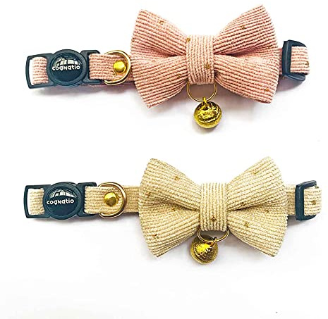 Cognatio Katzenhalsbänder mit Schnellentriegelung, weiches Katzenhalsband mit Abnehmbarer Fliege und Glöckchen, 2 Stück, verstellbar 20-30 cm (Rosa+Creme)