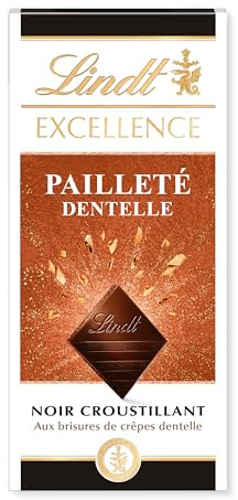Lindt Tablette EXCELLENCE Chocolat Noir Pailleté Dentelle 100g | Chocolat Noir • Crêpe Dentelle • Croustillant • Pailleté • Moment de plaisir • Savoir-faire Lindt.