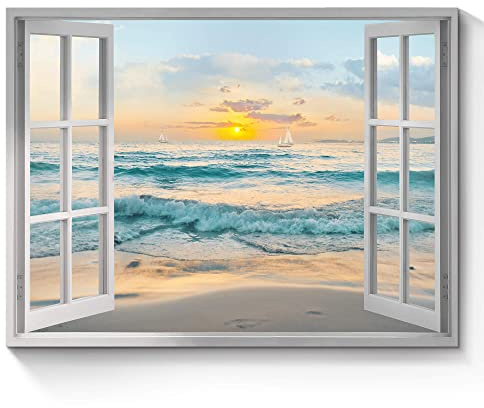 Open Window Canvas Wall Art: Sunset Coastal Beach Scenery Fake Window View Picture Blue Ocean Waves Seascape Painting Nautical Sailboats Prints Modern Natural Sea Landscape Artwork for Bedroom
