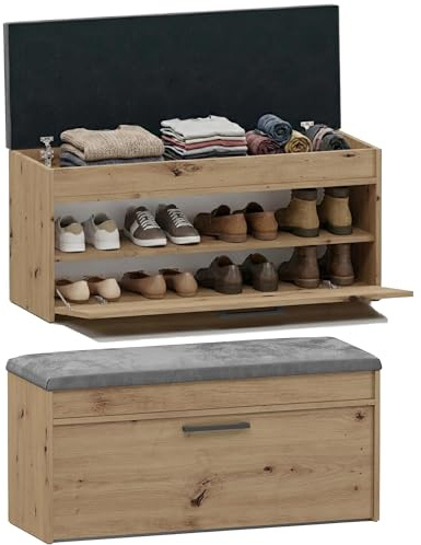 CDF Schuhschrank mit Sitzbank und Stauraum Flurbank Sitzkissen Schuhkommode Garderobenbank mit Kipptür Flurmöbel modern Aufbewahrung 100 x 35 x 49 cm - Eiche Artisan