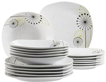 Mäser VANESA - Juego de platos para 4 personas con decoración floral sutil (18 piezas, con platos planos, platos hondos y platos de postre, porcelana), color blanco
