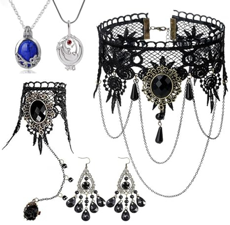 Zaky 5 Stück Vampir Charakter Halskette Gothic Retro Dunkelheit Ohrringe Schwarze Spitze Choker Armband Elena Daylight Halskette Set