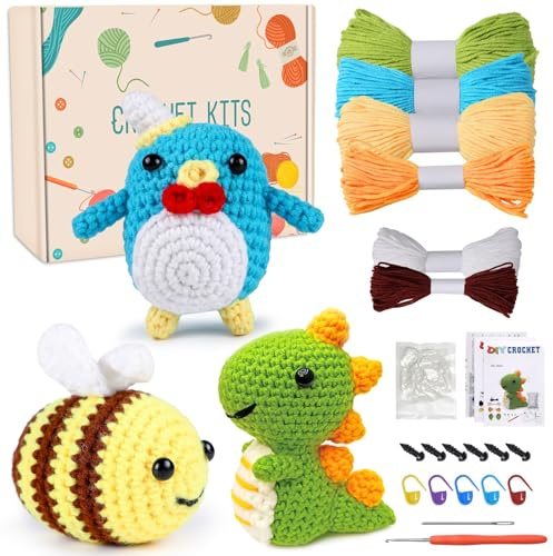 MJARTORIA Häkelset für Anfänger Tiere, Häckeln Stricken für Anfänger Set mit Anleitung Häkelnadeln Garn, Kreativ Strickset Bastelset Erwachsene Kinder Geschenk(blau gelb grün)