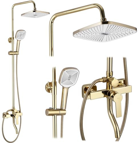 Rea Duschsystem ARGUS GOLD Duschset Duscharmatur mit Duschkopf und Kopfbrause aus Messing Duschgarnitur für Badezimmer (gold)