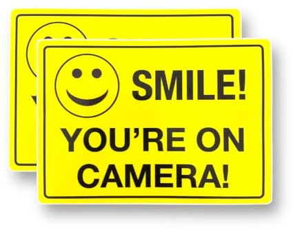 2 PACK - Small 115mm X 80mm SMILE YOUR ON CAMERA Self Adhesive Stickers - Vivid Yellow/Black, Sign, Warning, Private Property, Surveillance SG207