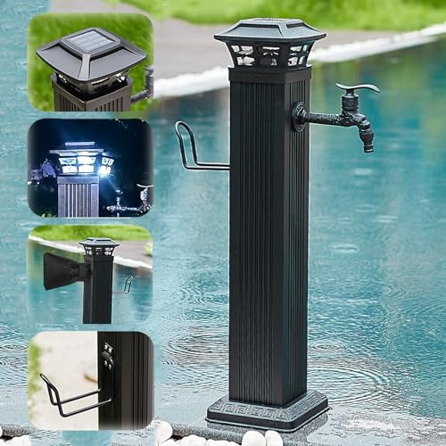 XRRJFYH Solar Licht Wassersäule Wasserzapfsäule Garten Wasserhahn Säule Frostsicherer Außenwasserhahn 1/2 Zoll Wasserzapfstelle (Color : Black with long faucet, Size : 65.5cm)