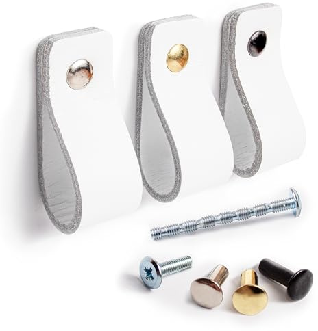 LA CHUECA POLO Maniglia in pelle bianca per armadio mobile vintage minimalista/pomello in vera pelle per cassettiera o porta (2, bianco)