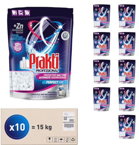 dr.Prakti Il sale in mini pastiglie per lavastoviglie, ammorbidisce l'acqua e previene efficacemente il calcare nella lavastoviglie e sulle stoviglie, doypack 1,5 kg x 10 pezzi
