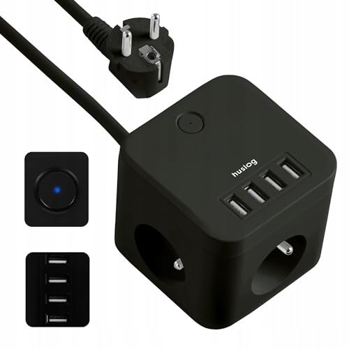 Huslog Ciabatta Multipresa Cubo 7 in 1 con 3 Prese AC, 2 USB-C e 2 USB-A, Interruttore con LED, Cavo da 1,5 m, 230V/10A, Compatta e Antiscivolo, con Messa a Terra, per Casa, Ufficio e Viaggio, Nero