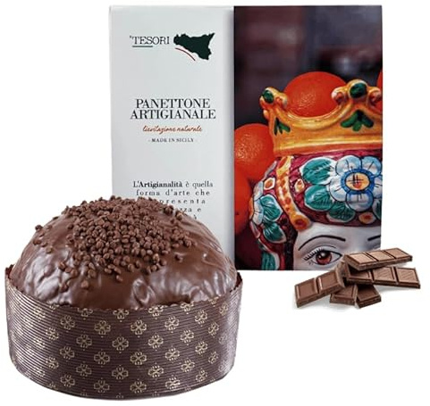 Tesori di Sicilia Panettone Artigianale al Cioccolato di Sicilia, Scatola A donna Lisabetta, Panettone a lievitazione Naturale 1Kg, Idea Regalo Natale