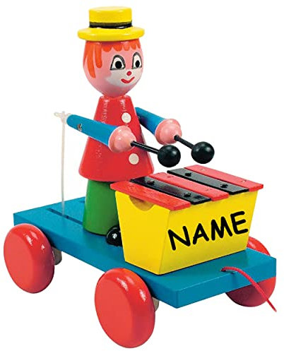 alles-meine.de GmbH Ziehtier - lustiger Clown - incl. Name - aus Holz/Wackeltier - beweglich ! - trommelt auf das Xylophon/Macht Musik - mit Schnur - Ziehfigur als Nachzi..