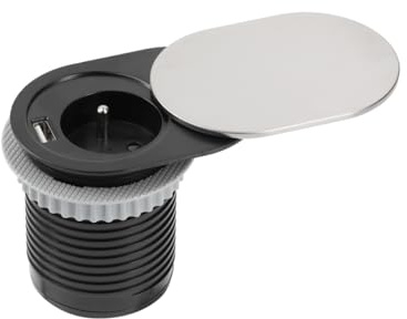 GTV Enchufe de mesa empotrado SLIDE 60mm, 1x Schuko con puesta a tierra, 1xUSB 2,4A, acero inoxidable, cable de 1,9m - suministro de energía seguro y elegante