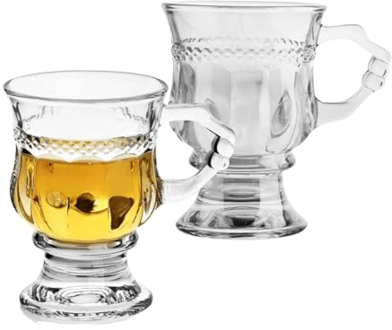 Vintage Irish Coffee Mugs, Crystal Clear Irish Coffee Glass with Handle, Footed Stem Base, Heat Resistant, Heavy Duty Cups for Hot Chocolate, Tea, Coffee (Clear, 2pcs)
