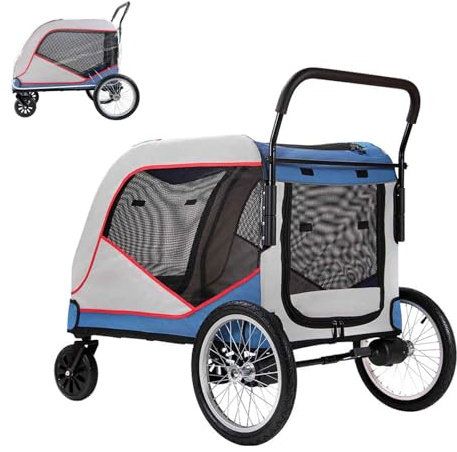 PJDDP Hundewagen Mit 4 Rädern, Faltbarer Haustierbuggy, Reise-Haustier-Kinderwagen Mit Regenschutz & Netzfenstern, Bis 80 Kg, Ideal Zum Spazierengehen, Joggen, Reisen,Grau