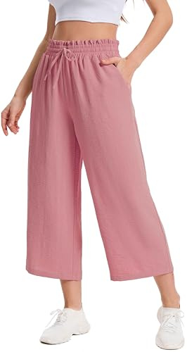 WUWUSKY Damen 3/4 Culotte Hose Leichte Sommerhose mit Taschen | Atmungsaktives Stoff Caprihose für Damen