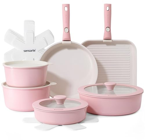 SENSARTE 17 Piece Ceramic Pots and Pans Set, Nonstick Detachable Handle Cookware, Induction Kitchen Cookware Set with Removable Handle, Oven Safe (Pink)