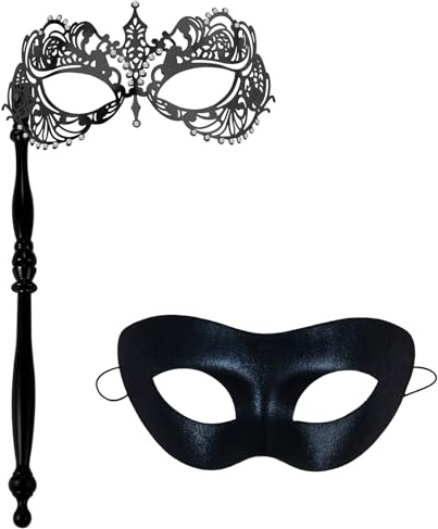 Avaner Masque Vénitien Couple Carnaval: Demi Masque avec Bâton Bal Masqué Déguisement avec Strass Style Romantique Mystérieux pour Halloween Mascarade Soirée