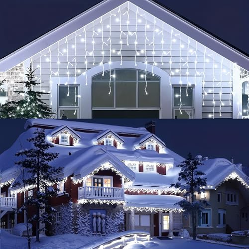 Rintea Christmas Lights Outdoor 33FT/10M 400 LED, IP44 Waterproof Outdoor Icicle Lights with Timer and 8 Modes, Plug in Xmas Lights Outdoors, Gutter, Roof, Garden Cool White