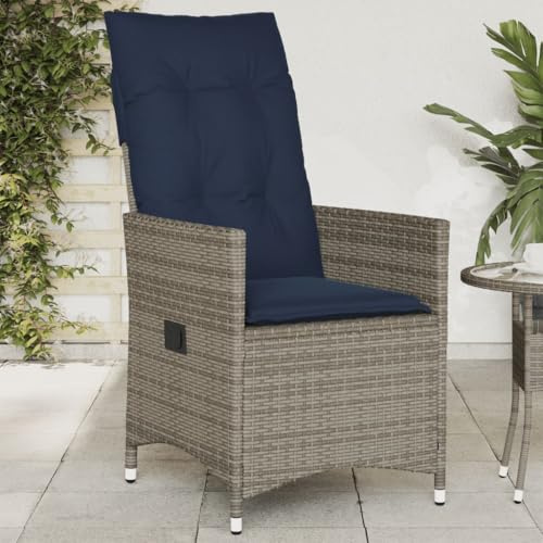 Makastle Verstellbare Gartensessel Licht, Polyrattan-Stuhl mit Marineblau Kissen für Balkon Terrasse, Pflegeleicht, Grau 56 x 59 x 92 cm Stahl
