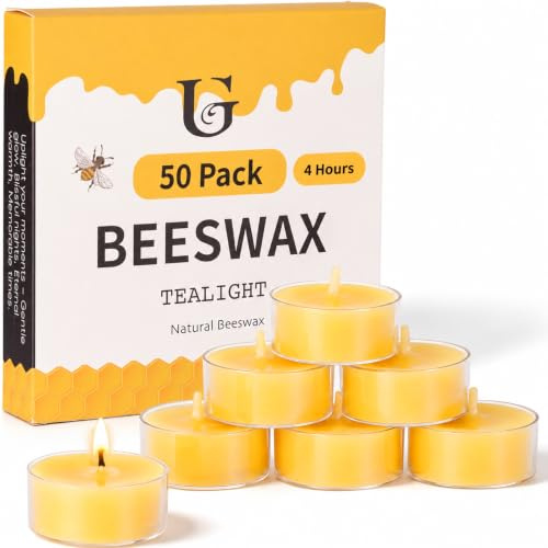 50Pcs Beeswax Tealight Candles, 4-Hour Burn Time,Unscented | Smokeless Pure Beeswax with Cotton Wick, Handmade, Non-Toxic, Eco-Friendly