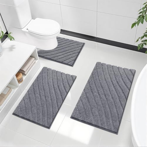 SHACOS Set med mjuka badrumsmattor i 3 delar med halkskydd, absorberande badrumsmattor, maskintvättbar, badrumsmatta, piedestalmattor för toalett, ljusgrå, 40 x 60 cm + 50 x 80 cm + U50 x 60 cm