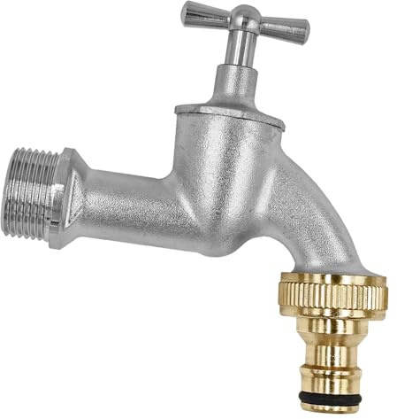 MegaHaustechnik Auslaufventil mit Knebelgriff, Messing matt verchromt, Wandanschluß 3/4 Zoll AG, Abgang Messing Stecker passend für Gardena Buchse, Schlauch, Absperrhahn Wasserkran silber