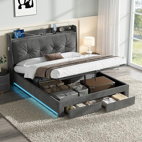 Laxnb Double Bed 4ft6 Upholstered Ottoman Bed Frame with Storage and LED Lighting, Back Cushion Headboard with USB/TypeC Ports, 135x190 cm Double Bed Frame with Slats, No Mattress, Velvet Grey