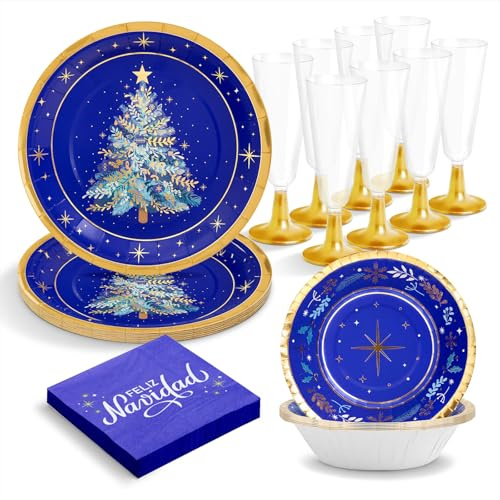 OH YEAH - Kit stoviglie Natale 6 persone blu notte - 50 pezzi - Piatti, bicchieri e tovaglioli usa e getta - tema natalizio - Cene natalizie, riunioni di famiglia e feste di fine anno