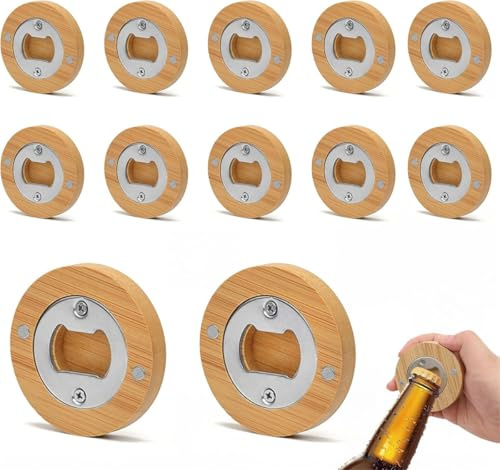 Abrebotellas de madera, 12 unidades, redondo, de acero inoxidable, abrebotellas, personalizable, regalo magnético para él, marido, amigo, padre, abuelo