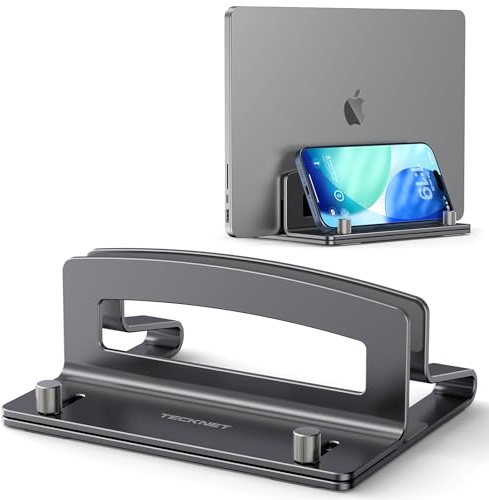 TECKNET Vertical Laptop Stand for Desk with Adjustable Laptop holder (Grey) | Aluminum Macbook Stand, Space-Saving Vertical Storage, Compatible with MacBook, Laptops Up to 17.3 Inches
