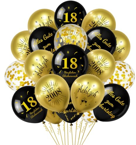 YIYAOSAN 30 Stück Luftballons Deko 18. Geburtstag,Schwarz Gold Ballons 18 Alles Gute zum Geburtstag, 18er Deko Junge Mädchen,Happy Birthday Latex Ballons,Konfetti Ballon Geburtstagsdeko Party