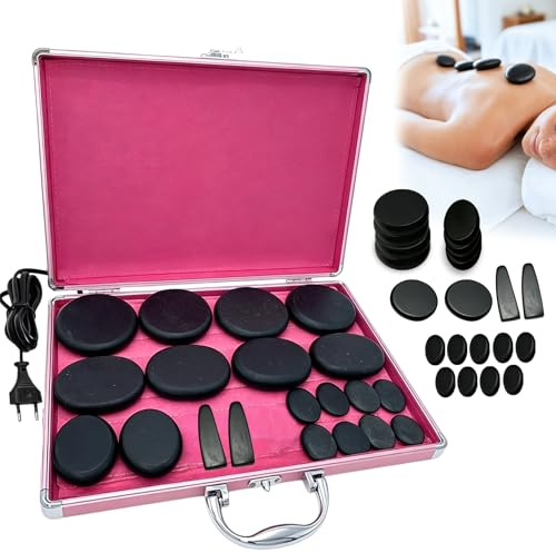 Hot Stone - Set di 21 pietre massaggianti basalto in valigetta riscaldante portatile, pietre massaggianti calde in basalto, per massaggiatori e rilassamento e trattamento SPA