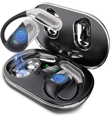 Offene Ohr Kabellose Ohrhörer, Sport Bluetooth Kopfhörer mit Echtzeitübersetzung, 80 Stunden Akkulaufzeit mit LED-Akkuanzeige, Geräuschunterdrückung, IP55 Wasserdicht für Training Laufen (Schwarz)