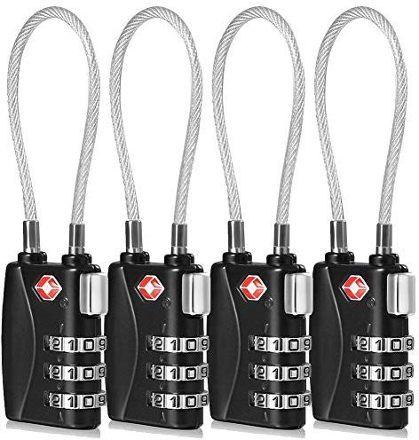 CFMOUR Suitcase Locks, 3-Dial TSA Approved Luggage Lock with Flexible Cable | Security Travel Combination Padlock, For Suitcases Luggage Case Bag Code Lock, 3-Digit Bendy Lock, Black, 4 Pack