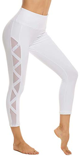romansong Leggings de malla para mujer, pantalones de yoga con bolsillo, capri no transparente, cintura alta, control de abdomen, elásticos en 4 direcciones, Capris blancos, X-Large