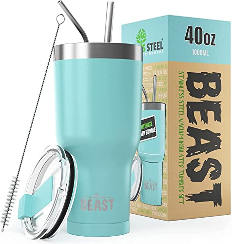 Greens Steel Beast Tumbler – 1050 ml (40 oz), Aquamarinblau | Wiederverwendbarer Edelstahl, vakuumisolierter Becher | mit 2 Strohhalmen & Reinigungsbürste | Doppelwandiger Reise-Thermobecher